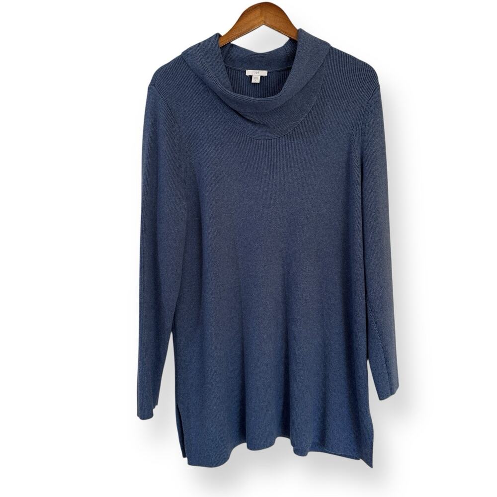 J Jill Blue Cowl Neck Long Sleeve Tunic Sweater Womens L Cotton Blend Side Slits